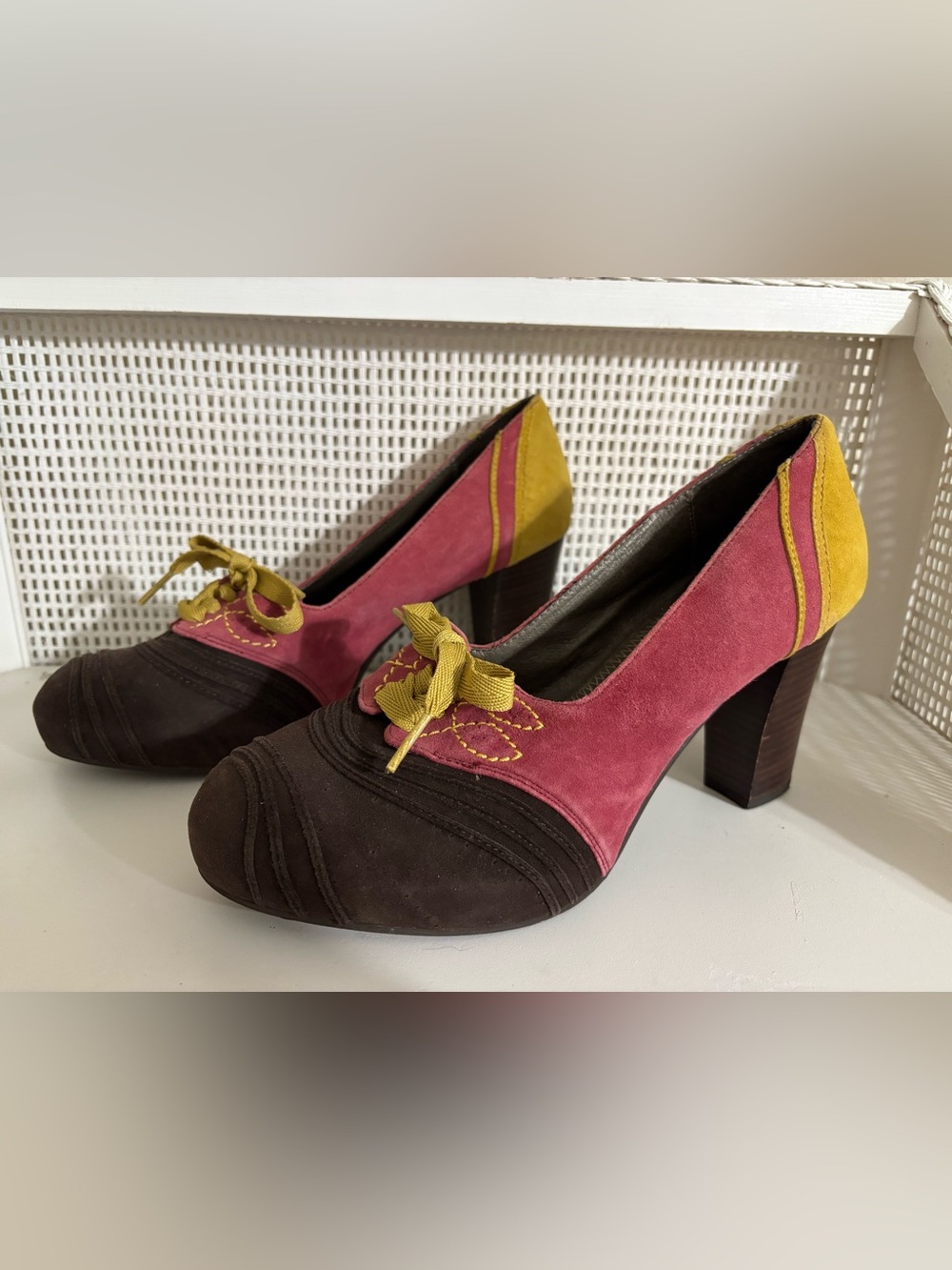Retro Multicolor Suede 3.5” Block-Heel Pumps by Pilero And The Letterman Press - Picture 2 of 10